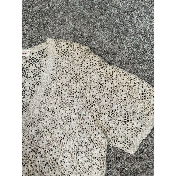Vintage Hand Crocheted Knit Blouse Sweater Cardigan Button Front V-Neck Cotton S - Picture 5 of 8